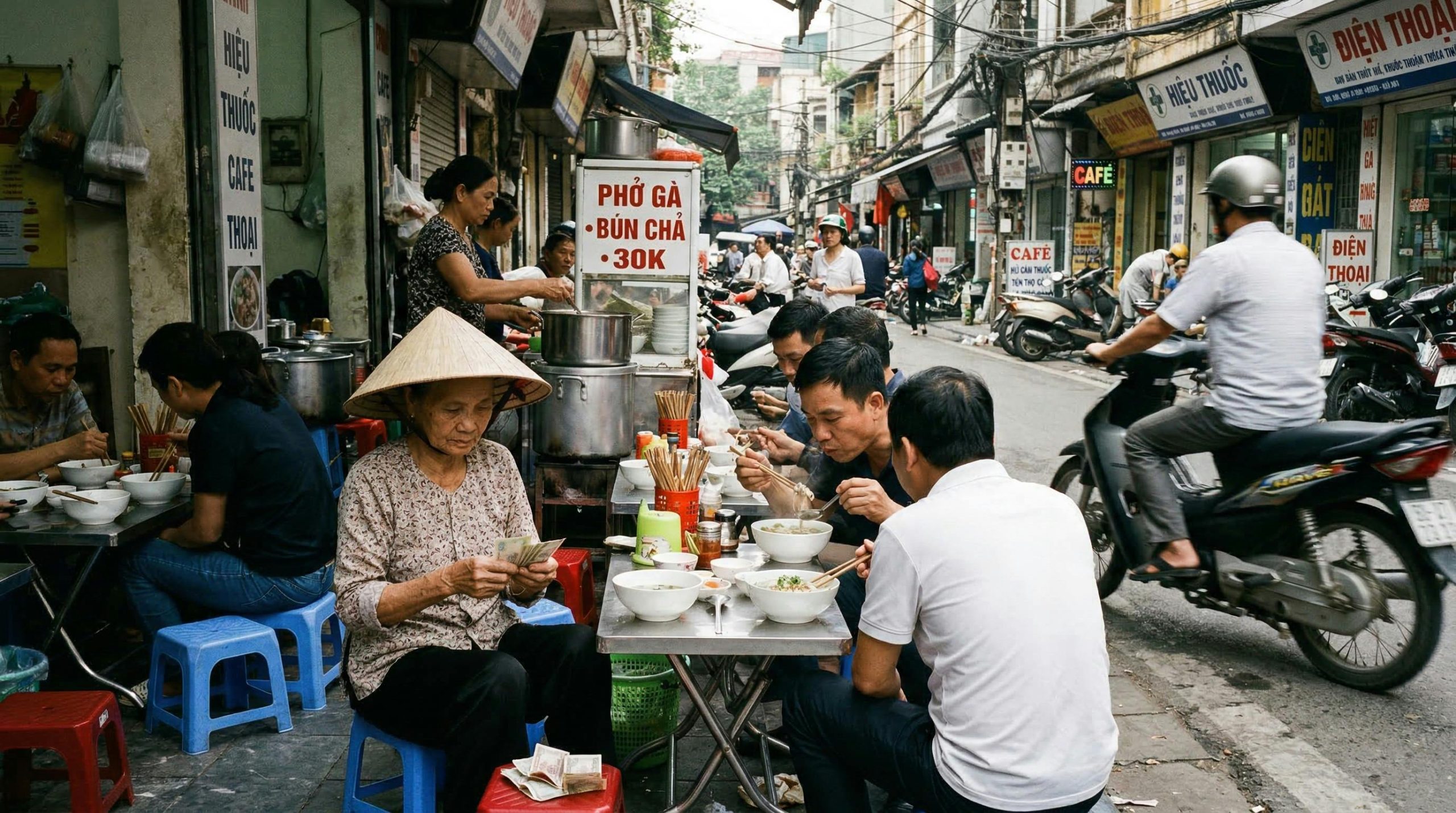 A bustling street scene in Hanoi's Old Quarter with motorbikes, street food stalls, and traditional tube houses under a warm, hazy sky