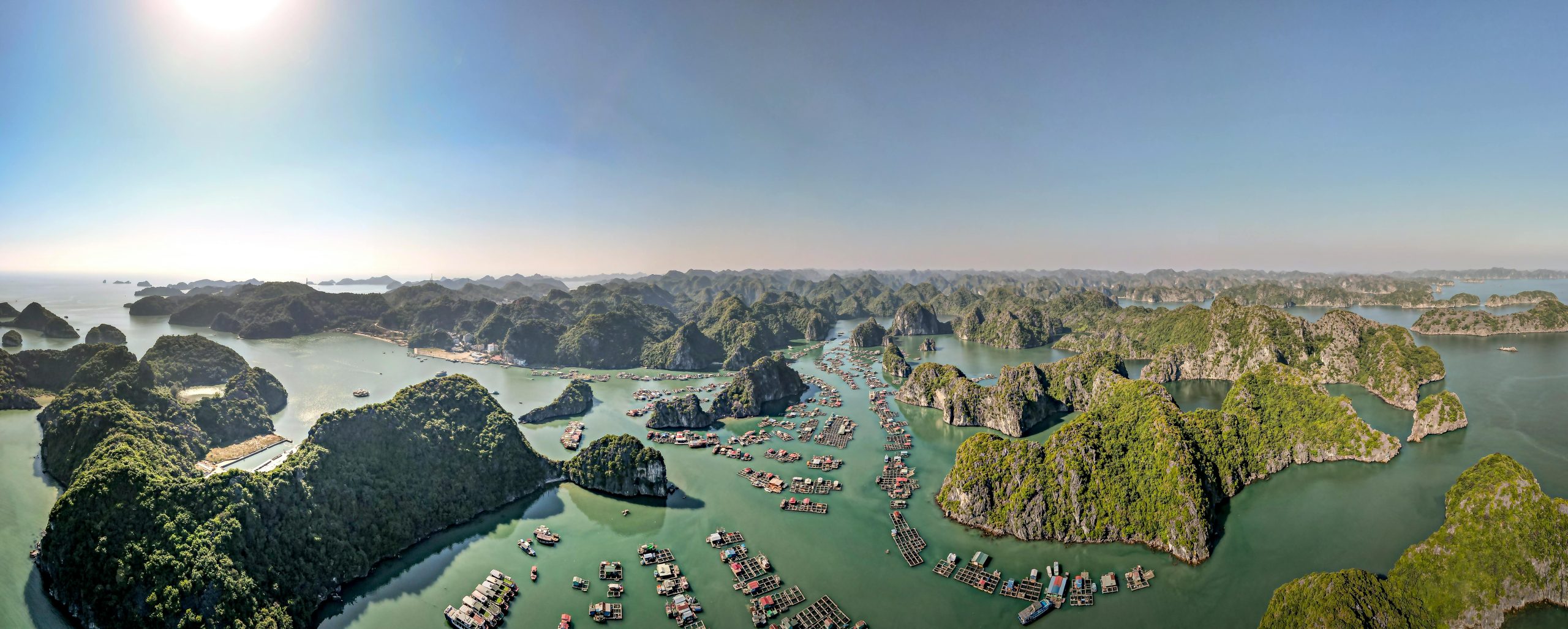A stunning panoramic aerial view of Ha Long Bay from the summit of Titop Island, showing countless traditional junk boats scattered across the emerald water amidst hundreds of dramatic limestone karsts, under a clear, slightly hazy sky
