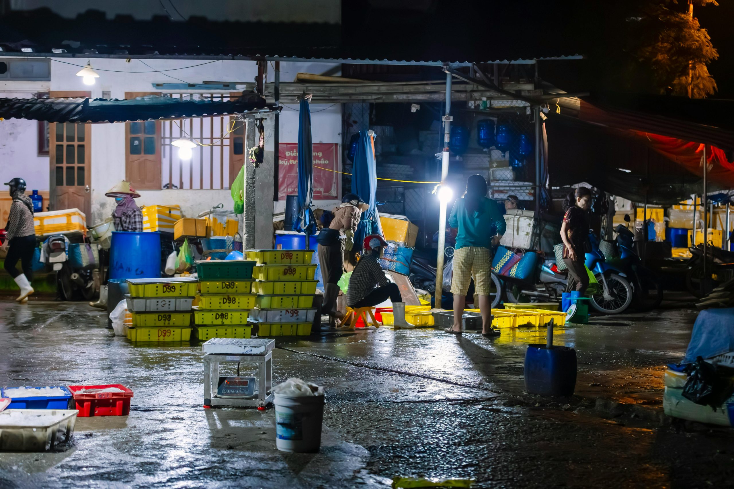 A vibrant night market scene in Cat Ba Town, Vietnam, with numerous food stalls displaying fresh seafood on ice, bustling crowds, and colorful lights illuminating the street