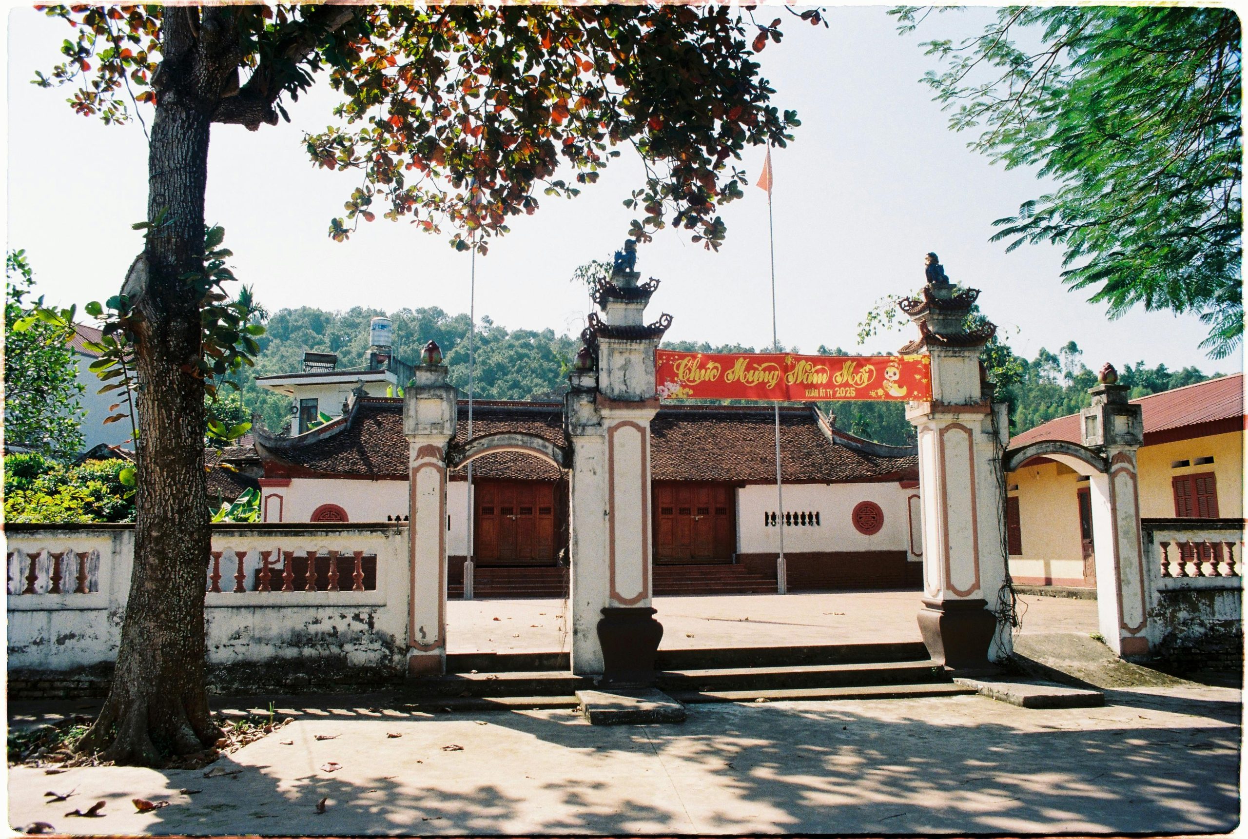 A wide shot of one of the courtyards within the Temple of Literature, showing ancient trees, traditional gates, and students in traditional Ao Dai