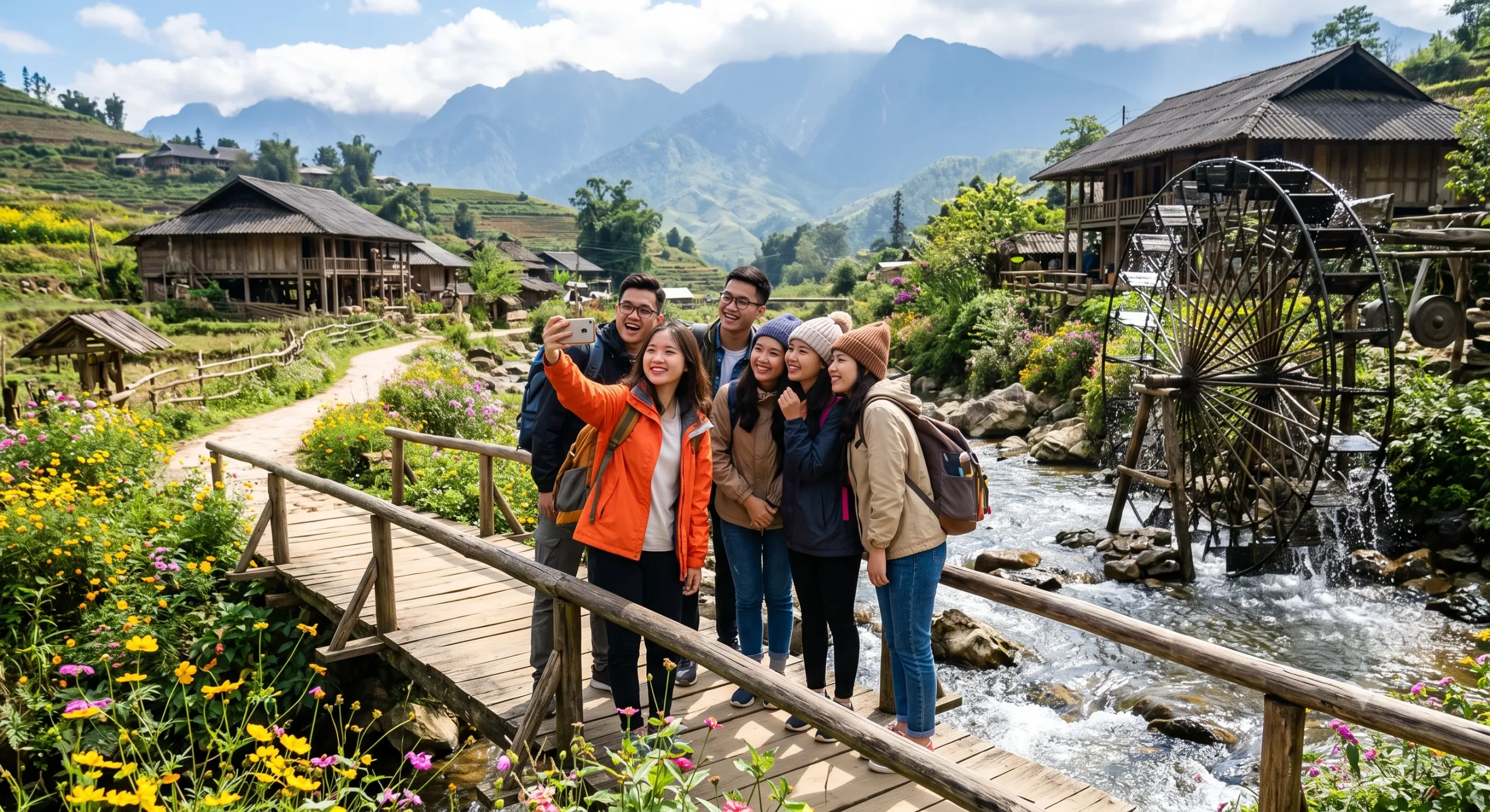 Du khách check-in tại bản Cát Cát Sapa trong tour du lịch