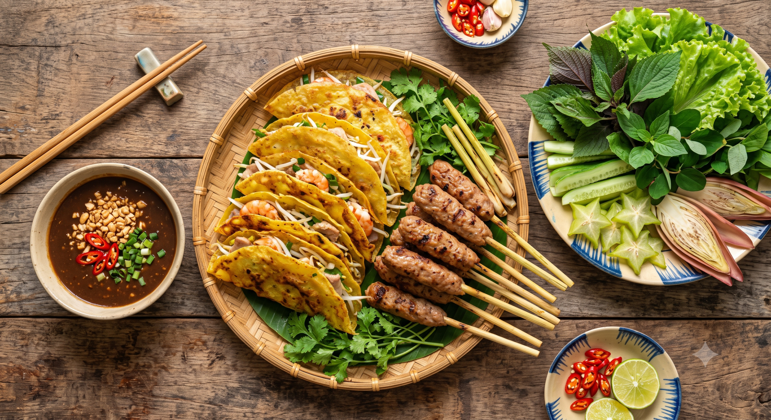 Mẹt bánh xèo nem lụi đặc trưng ăn vặt tại Đà Nẵng
