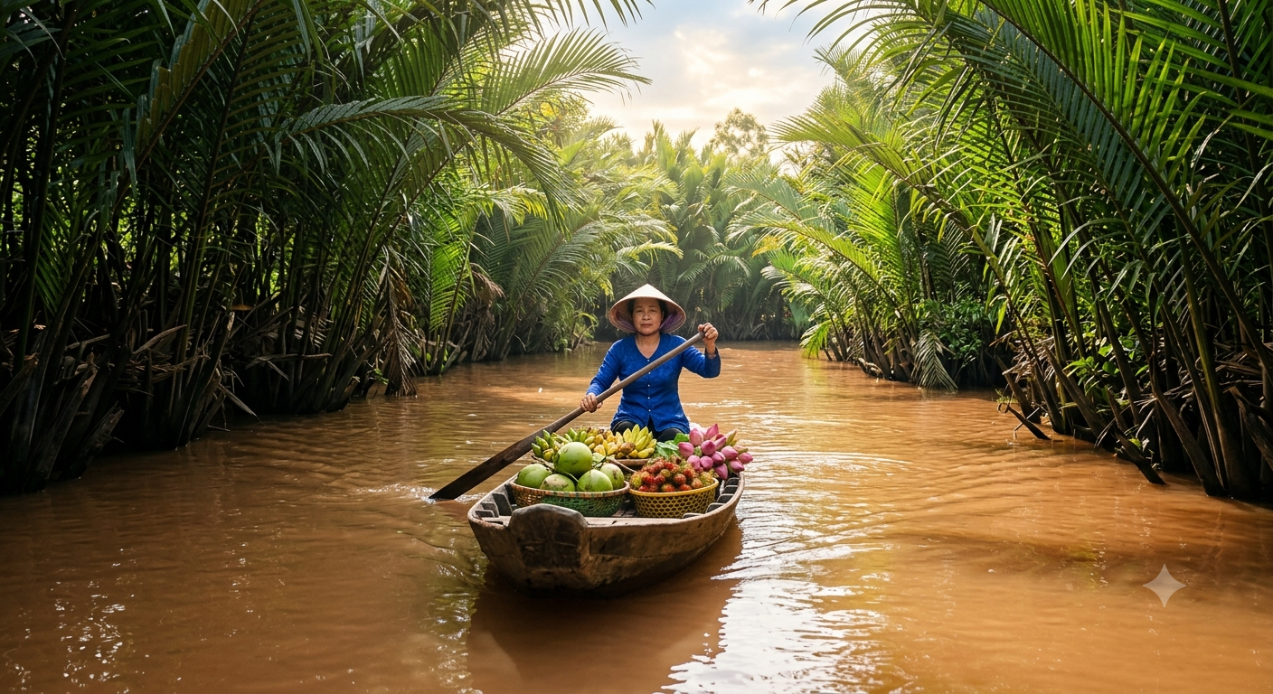 Cảnh chèo xuồng ba lá trong rạch nhỏ tại Bến Tre trong tour du lịch miền Tây